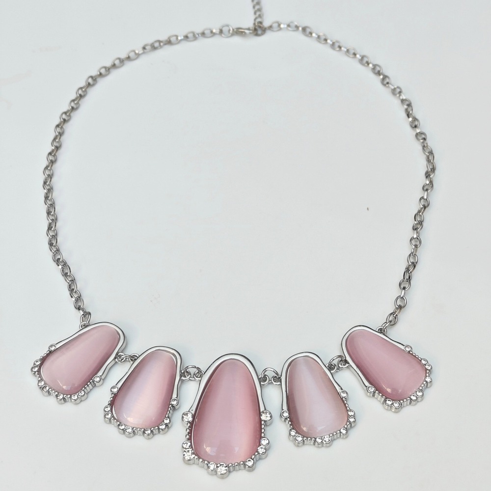 Pink Faux Cats Eye Stone Bib Necklace Silver Tone Rhinestone Statement Jewelry